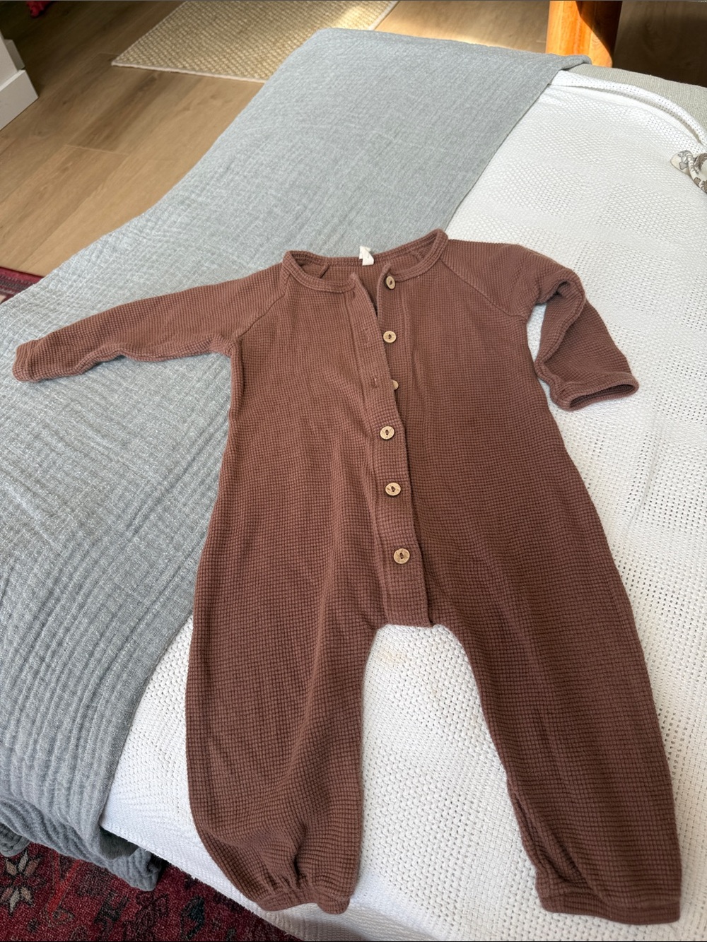 Quincy Mae Brown Waffle-Knit Footed One-Piece